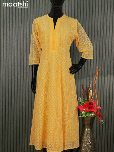 Semi georgette anarkali kurti yellow with allover chikankari work & simple neck pattern without pant