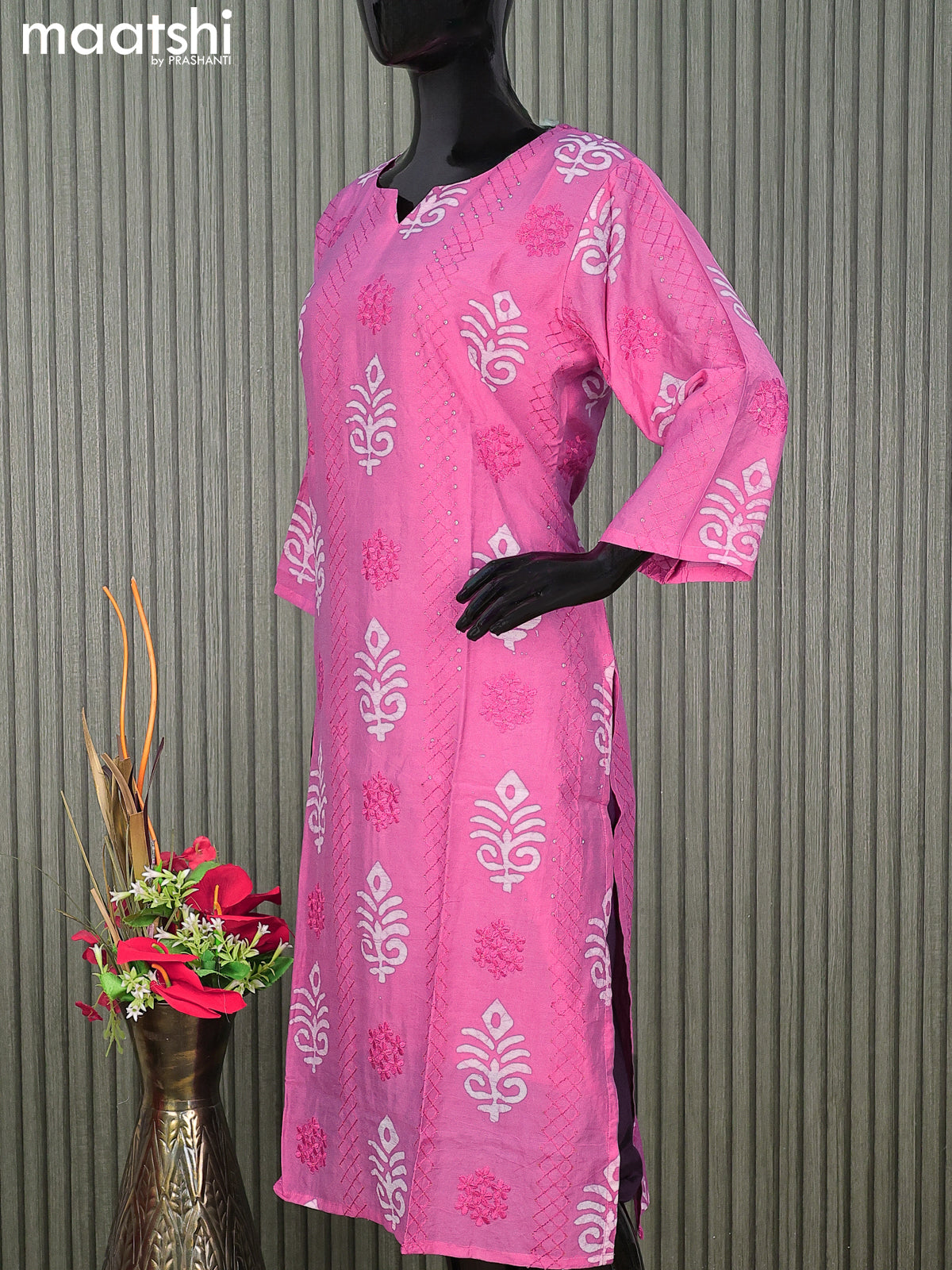 Semi chanderi readymade salwar suit pink shade with batik prints & sequin work and straight cut pant & dupatta