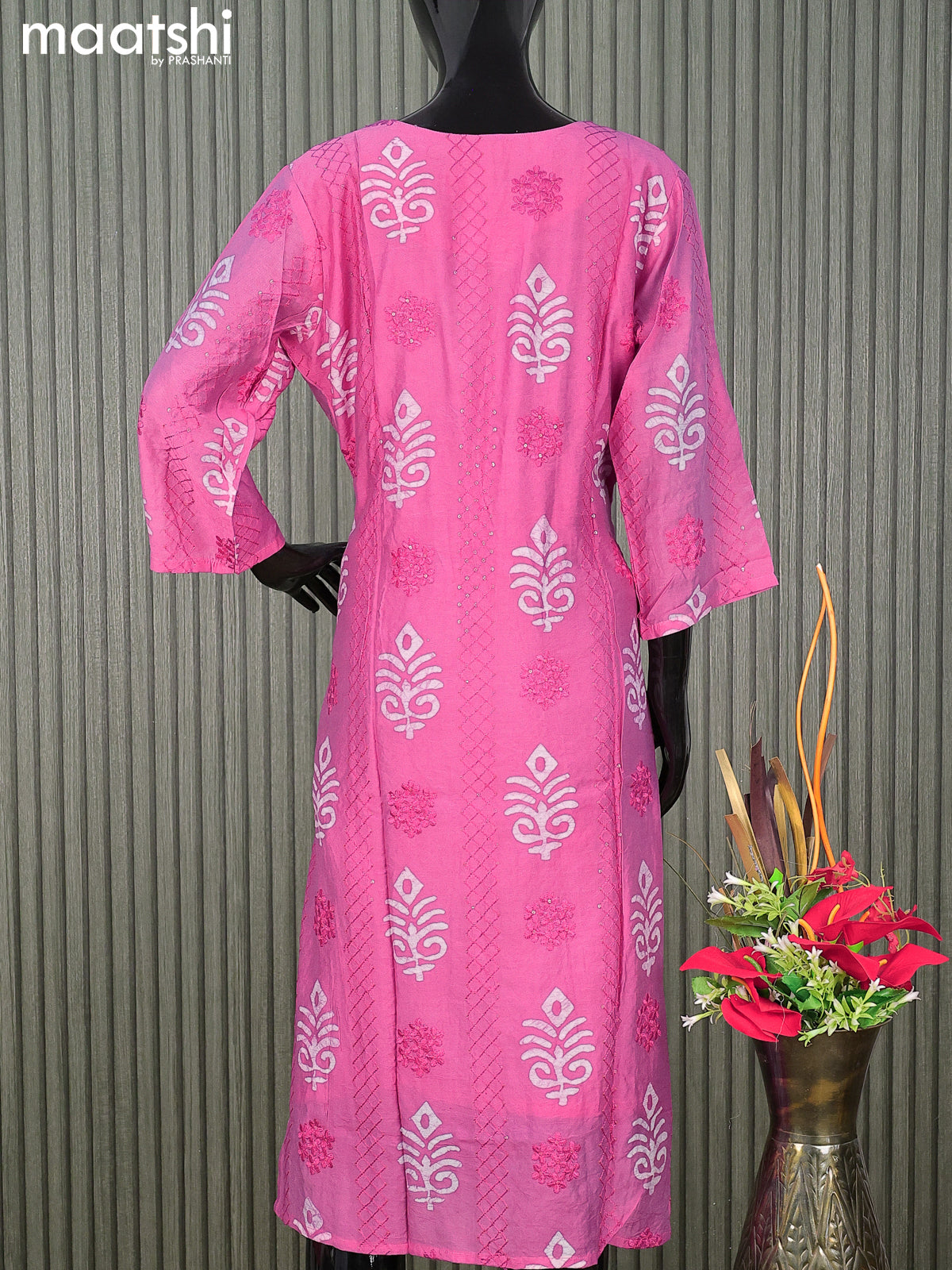 Semi chanderi readymade salwar suit pink shade with batik prints & sequin work and straight cut pant & dupatta