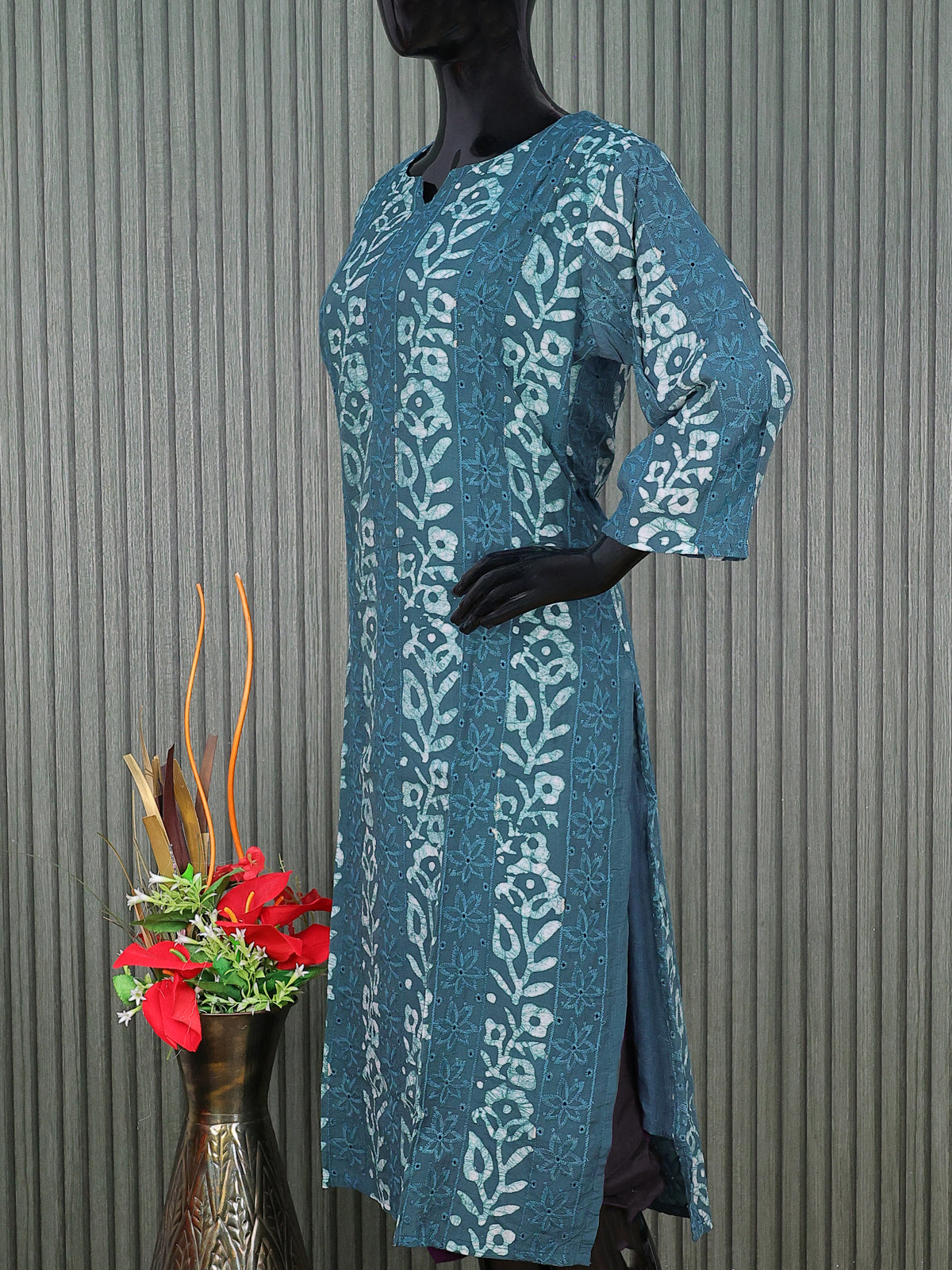 Semi chanderi readymade salwar suit peacock blue with batik prints & embroidery work and straight cut pant & sequin work dupatta