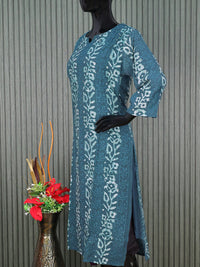 Semi chanderi readymade salwar suit peacock blue with batik prints & embroidery work and straight cut pant & sequin work dupatta