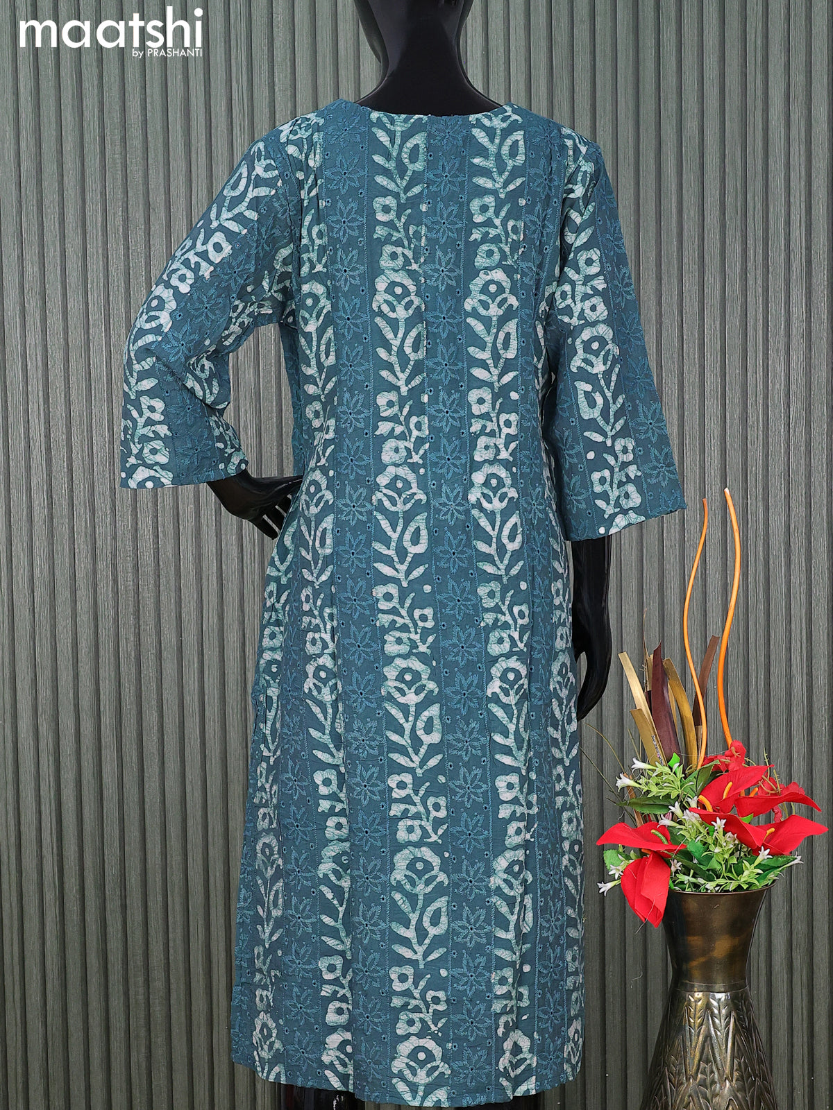 Semi chanderi readymade salwar suit peacock blue with batik prints & embroidery work and straight cut pant & sequin work dupatta