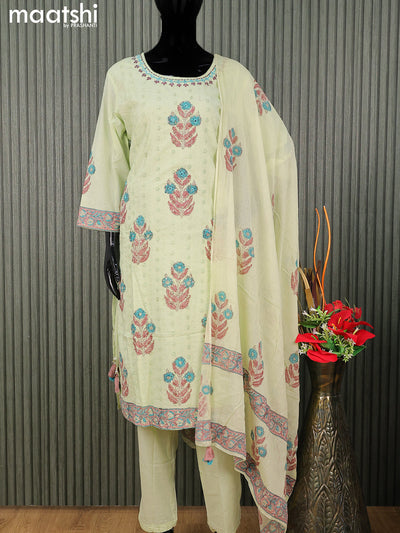 Cotton readymade salwar suit pista green with allover embroidery hakoba work and straight cut pant & cotton dupatta