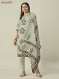 Cotton readymade salwar suit pista green with allover embroidery hakoba work and straight cut pant & cotton dupatta