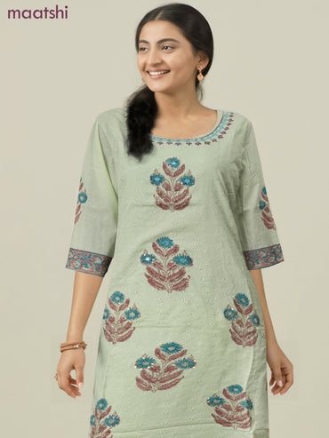 Cotton readymade salwar suit pista green with allover embroidery hakoba work and straight cut pant & cotton dupatta
