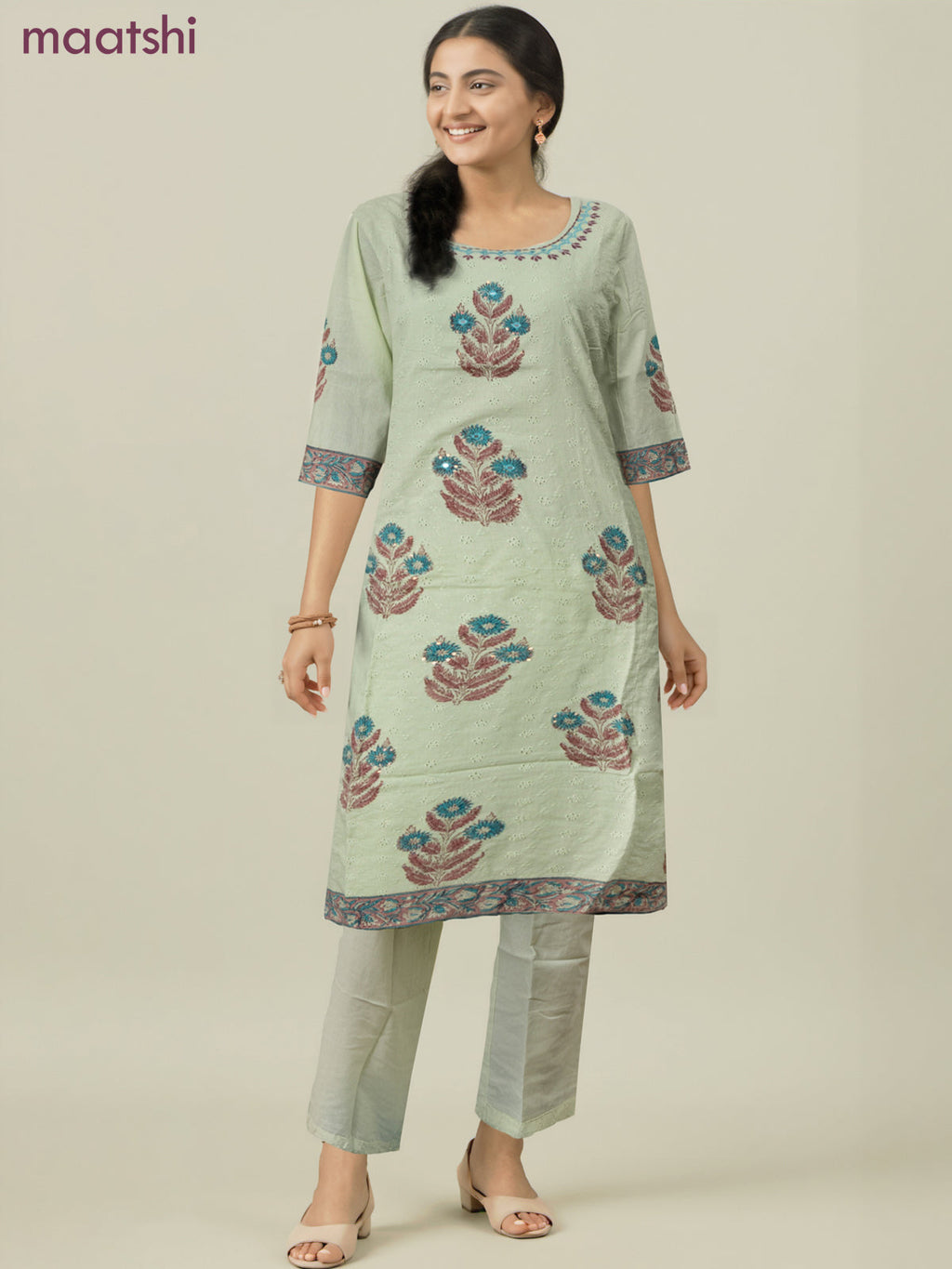 Cotton readymade salwar suit pista green with allover embroidery hakoba work and straight cut pant & cotton dupatta
