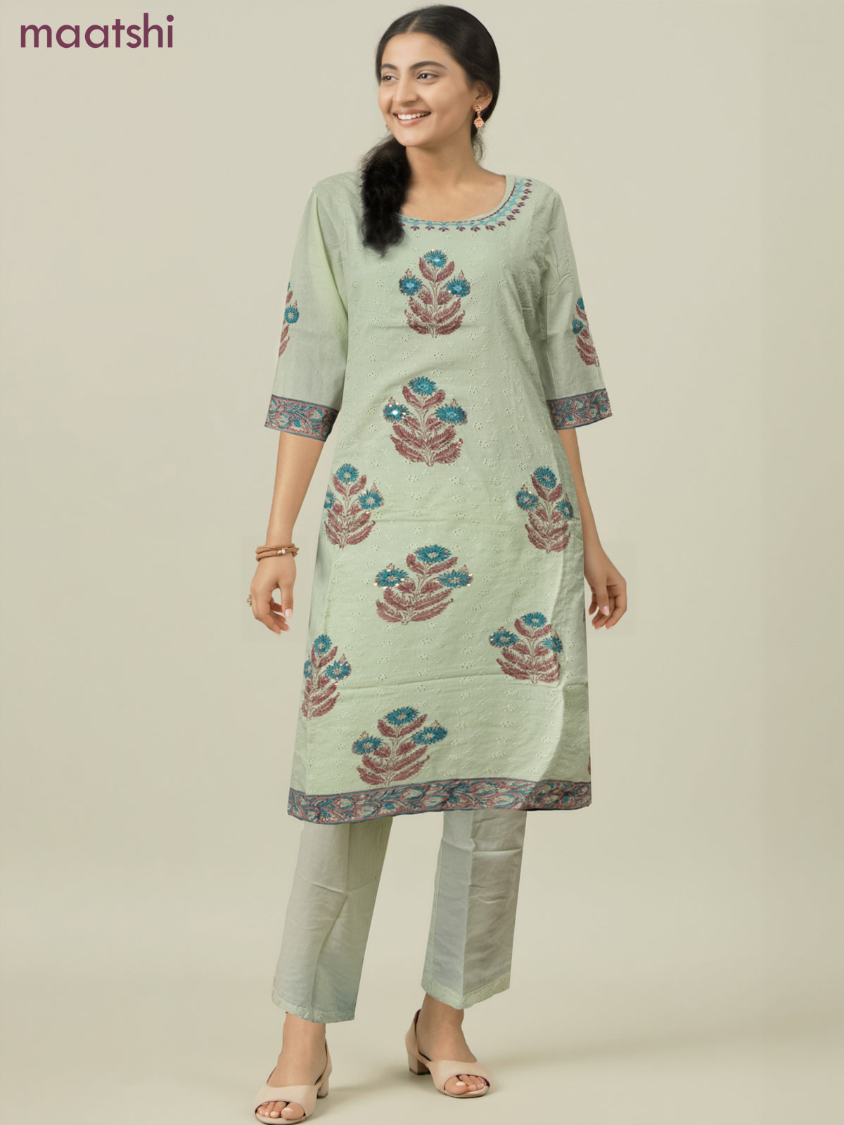 Cotton readymade salwar suit pista green with allover embroidery hakoba work and straight cut pant & cotton dupatta