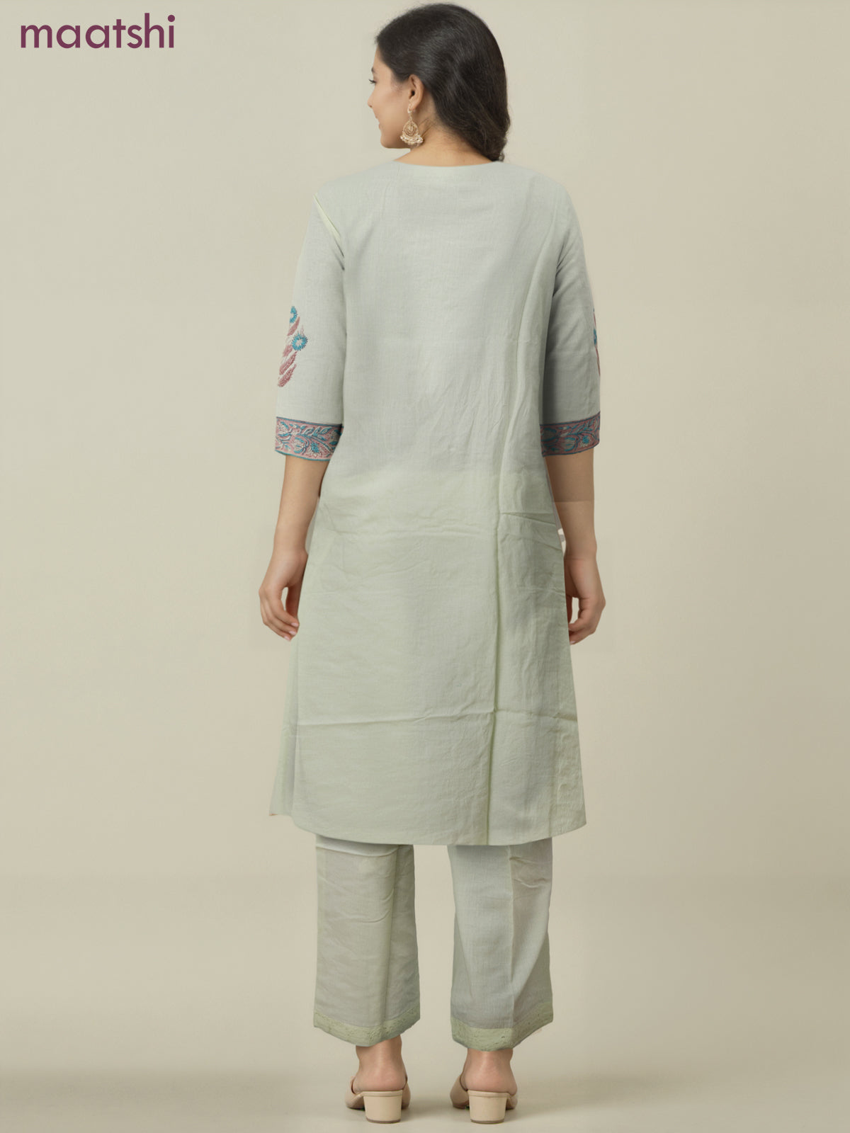 Cotton readymade salwar suit pista green with allover embroidery hakoba work and straight cut pant & cotton dupatta