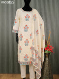 Cotton readymade salwar suit cream with allover embroidery hakoba work and straight cut pant & cotton dupatta