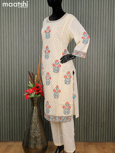 Cotton readymade salwar suit cream with allover embroidery hakoba work and straight cut pant & cotton dupatta