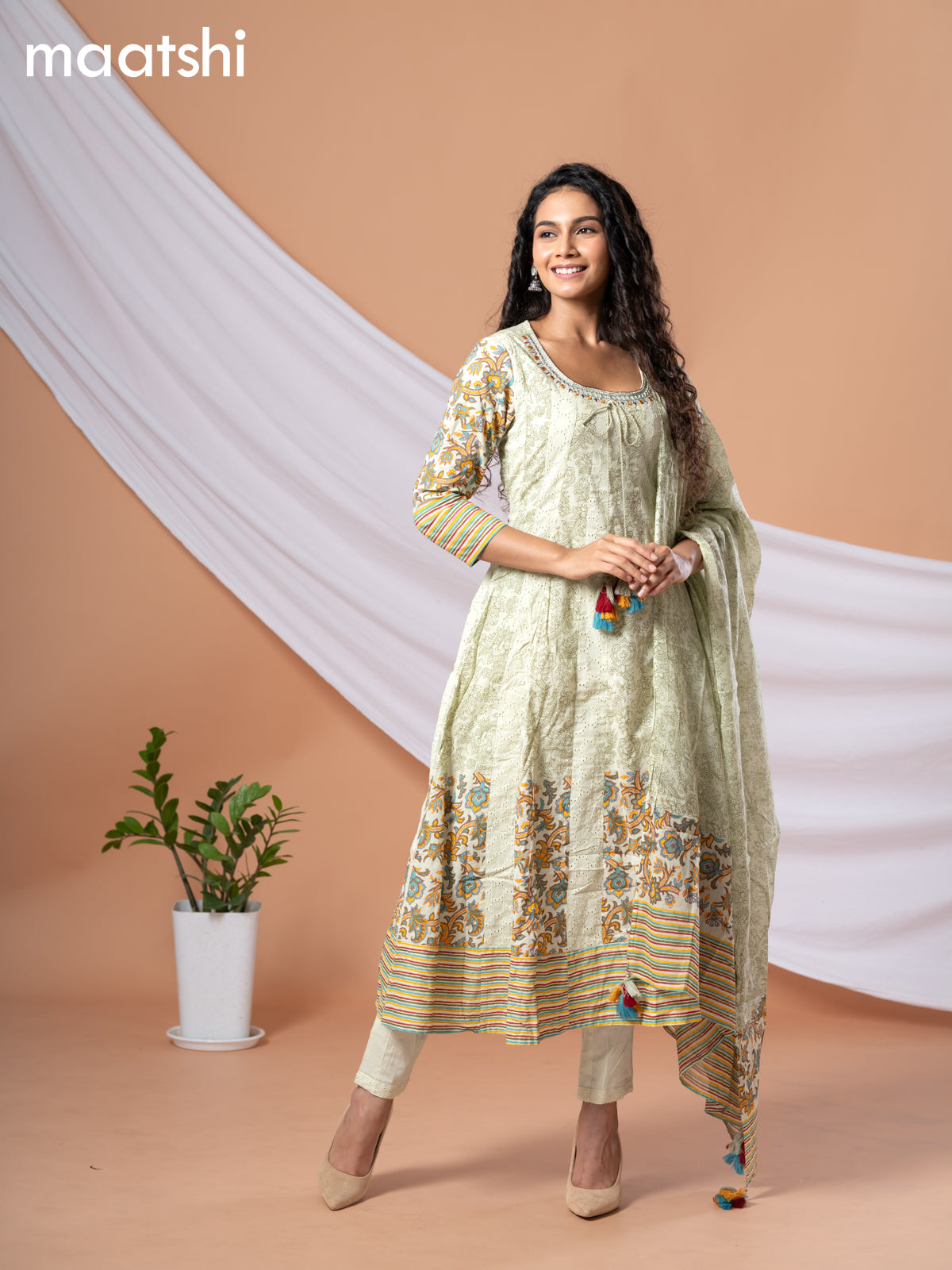 Cotton readymade anarkali salwar suits pastel green with hakoba work prints & embroidery mirror work neck pattern and straight cut pant & cotton dupatta