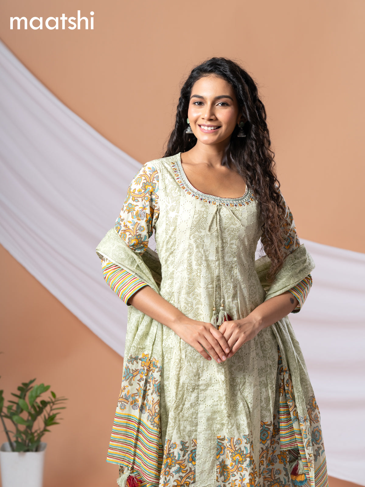 Cotton readymade anarkali salwar suits pastel green with hakoba work prints & embroidery mirror work neck pattern and straight cut pant & cotton dupatta