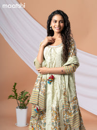 Cotton readymade anarkali salwar suits pastel green with hakoba work prints & embroidery mirror work neck pattern and straight cut pant & cotton dupatta