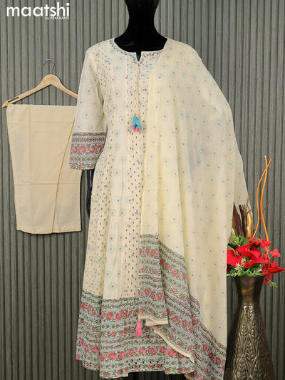 Cotton readymade anarkali salwar suits cream with hakoba work prints & embroidery mirror work neck pattern and straight cut pant & cotton dupatta