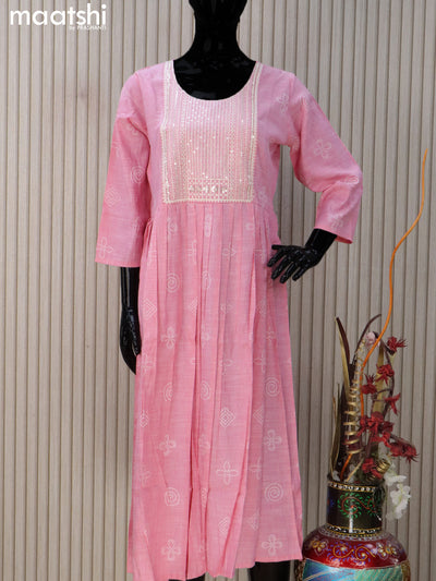 Rayon readymade umbrella kurti light pink with prints & sequin work neck pattern without pant