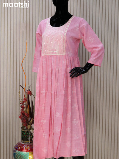Rayon readymade umbrella kurti light pink with prints & sequin work neck pattern without pant