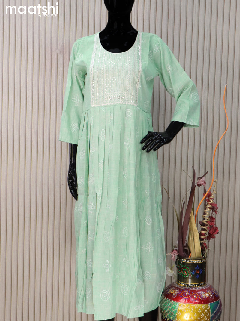 Rayon readymade umbrella kurti teal green shade with prints & sequin work neck pattern without pant