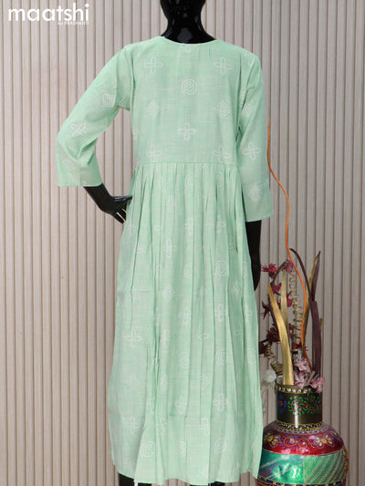 Rayon readymade umbrella kurti teal green shade with prints & sequin work neck pattern without pant