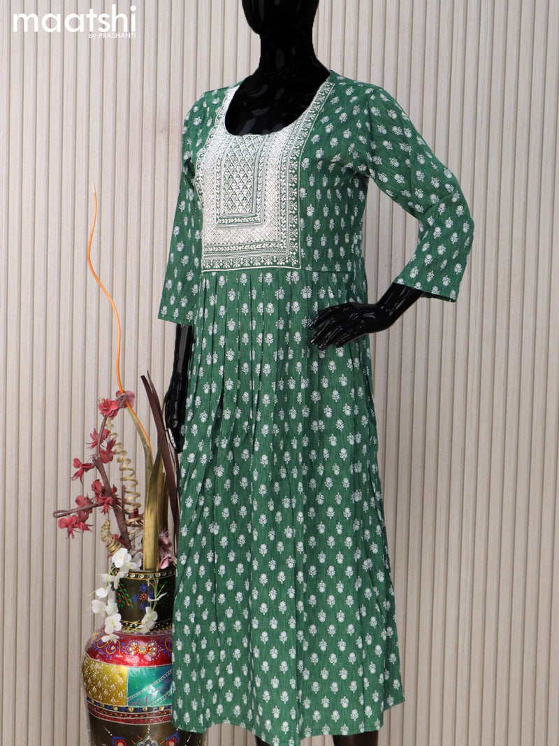 Rayon readymade umbrella kurti dark green with floral butta prints & embroidery sequin work neck pattern without pant