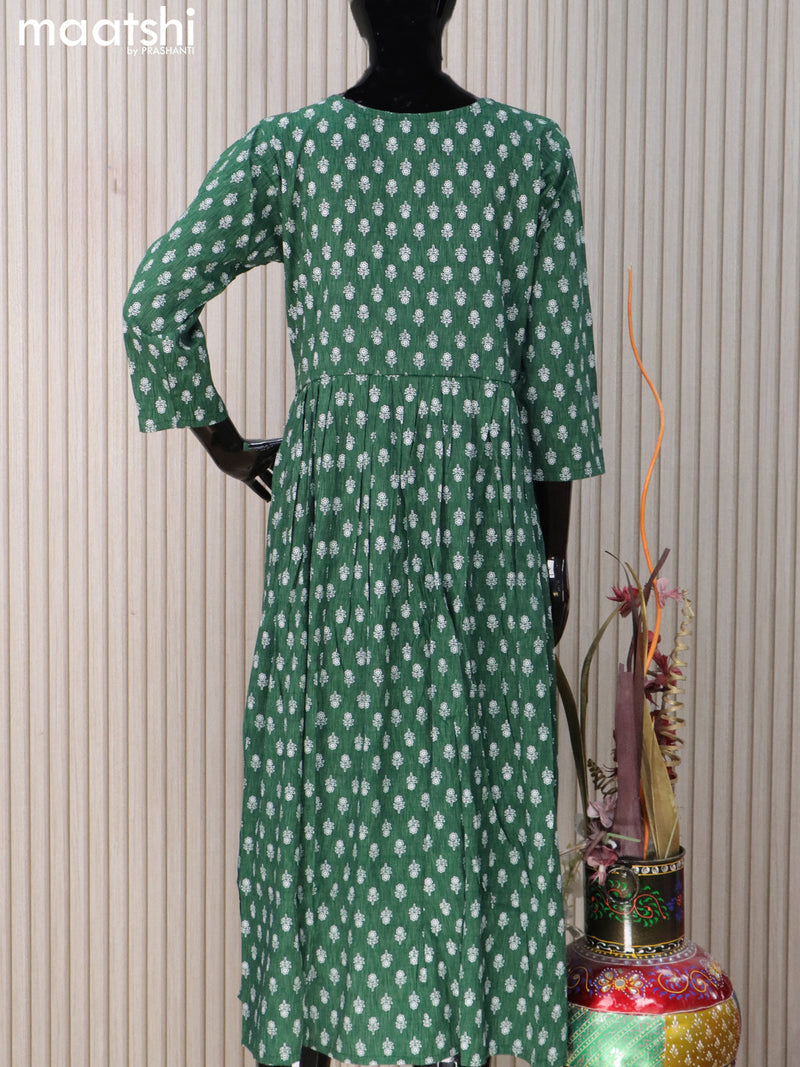 Rayon readymade umbrella kurti dark green with floral butta prints & embroidery sequin work neck pattern without pant