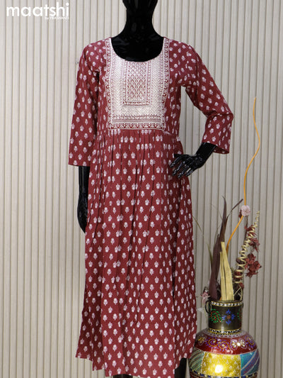 Rayon readymade umbrella kurti maroon with floral butta prints & embroidery sequin work neck pattern without pant