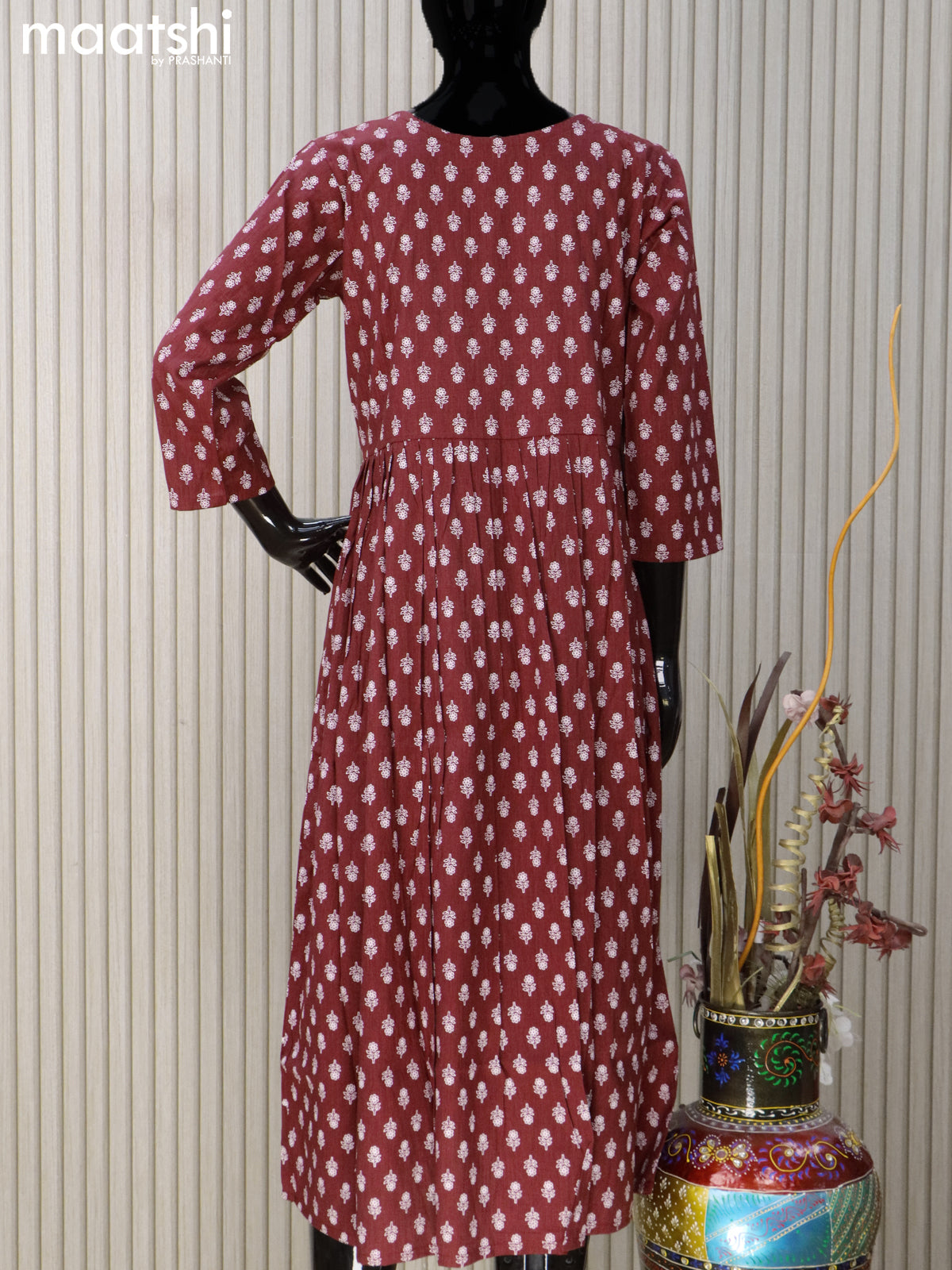 Rayon readymade umbrella kurti maroon with floral butta prints & embroidery sequin work neck pattern without pant