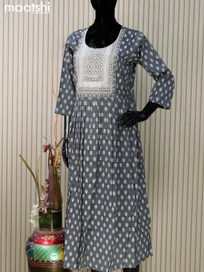 Rayon readymade umbrella kurti elephant grey with floral butta prints & embroidery sequin work neck pattern without pant