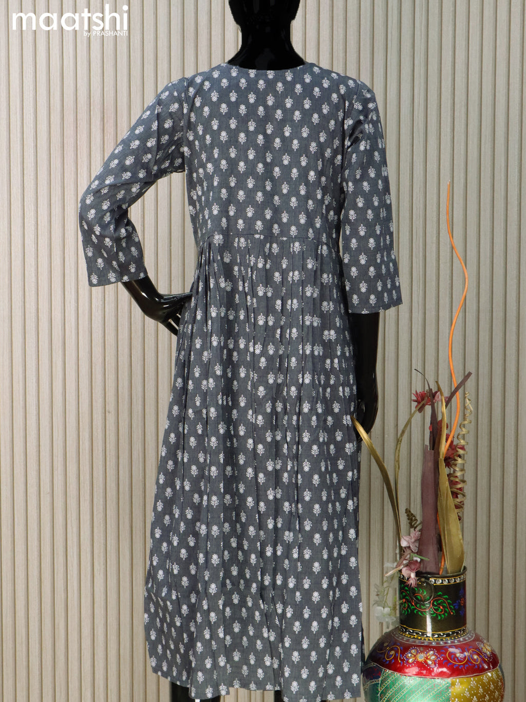 Rayon readymade umbrella kurti elephant grey with floral butta prints & embroidery sequin work neck pattern without pant