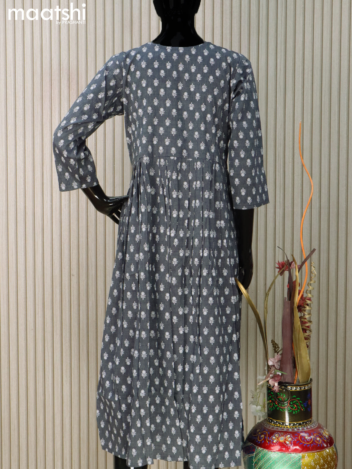 Rayon readymade umbrella kurti elephant grey with floral butta prints & embroidery sequin work neck pattern without pant