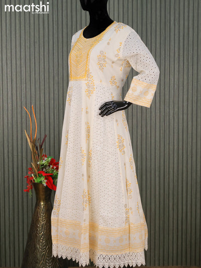 Cotton readymade anarkali salwar suits off white and yellow with floral prints hakoba work & sequin work neck pattern and straight cut pant & chiffon dupatta