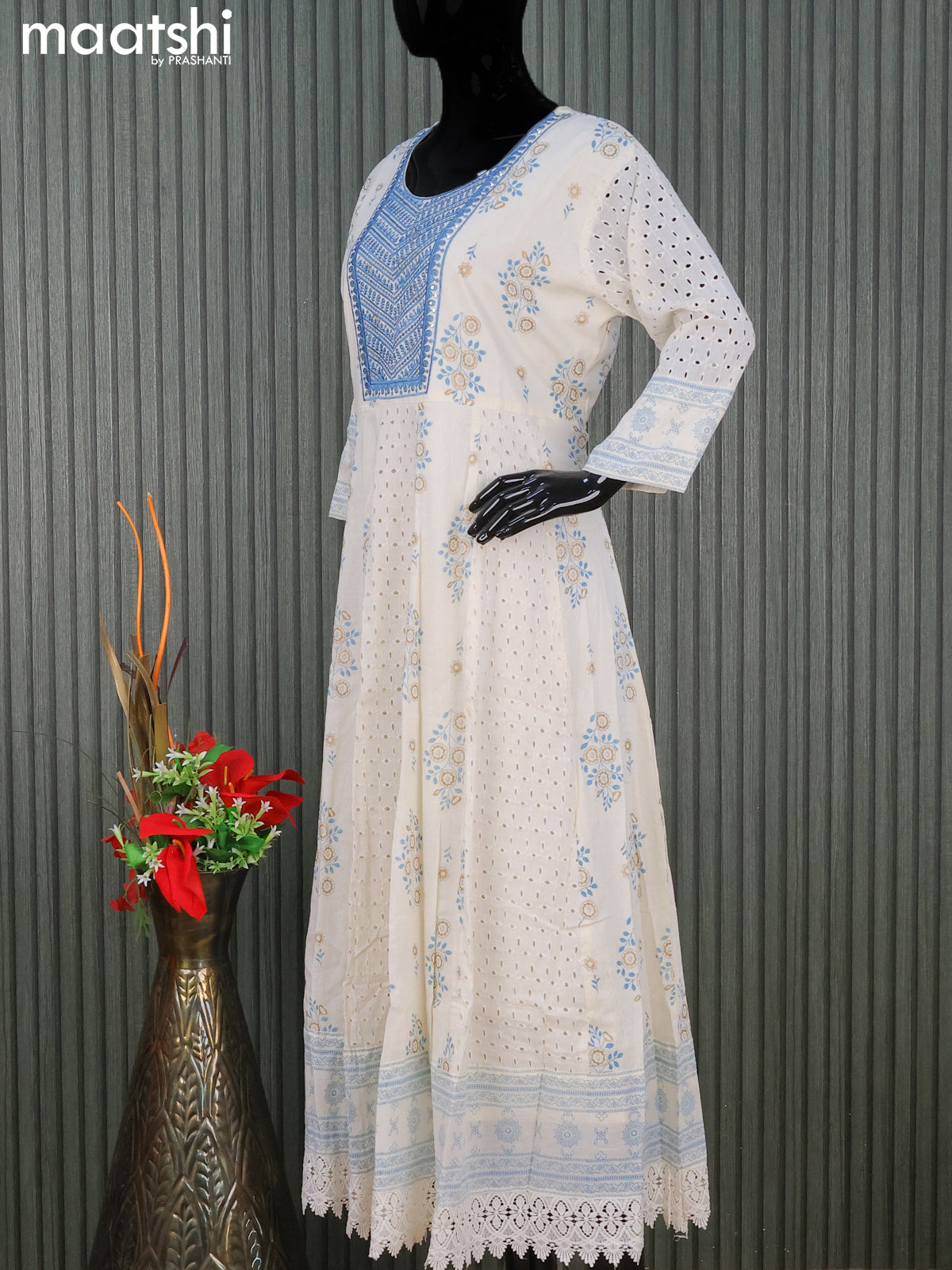 Cotton readymade anarkali salwar suits off white and blue with floral prints hakoba work & sequin work neck pattern and straight cut pant & chiffon dupatta