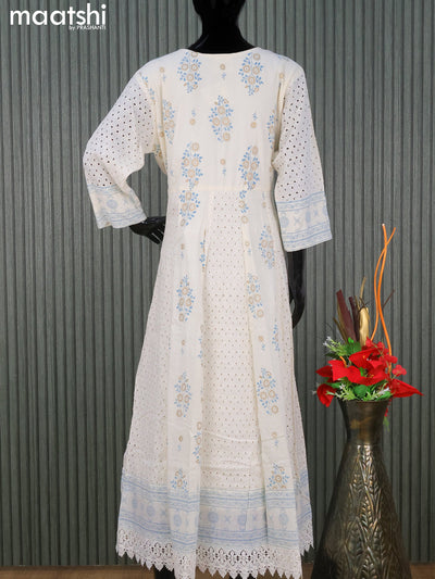 Cotton readymade anarkali salwar suits off white and blue with floral prints hakoba work & sequin work neck pattern and straight cut pant & chiffon dupatta