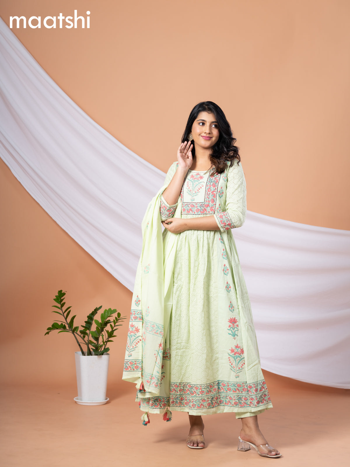 Cotton readymade anarkali salwar suits pista green with allover hakoba work & floral prints sequin work neck pattern and straight cut pant & cotton dupatta