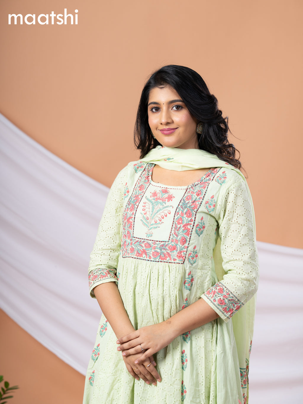 Cotton readymade anarkali salwar suits pista green with allover hakoba work & floral prints sequin work neck pattern and straight cut pant & cotton dupatta