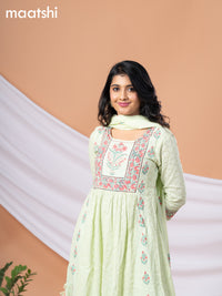Cotton readymade anarkali salwar suits pista green with allover hakoba work & floral prints sequin work neck pattern and straight cut pant & cotton dupatta