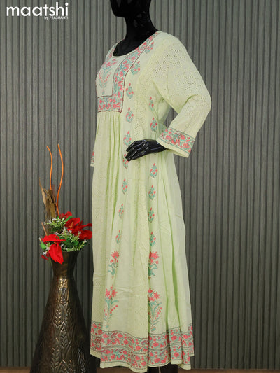 Cotton readymade anarkali salwar suits pista green with allover hakoba work & floral prints sequin work neck pattern and straight cut pant & cotton dupatta