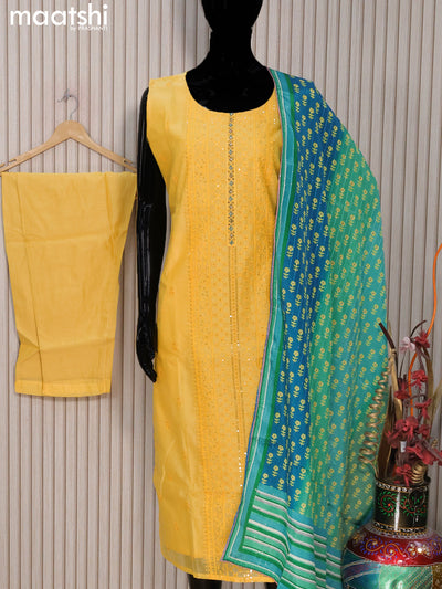 Raw silk readymade party wear salwar suit yellow and blue with sequin work & mirror work neck pattern and straight cut pant & printed dupatta sleeve attached