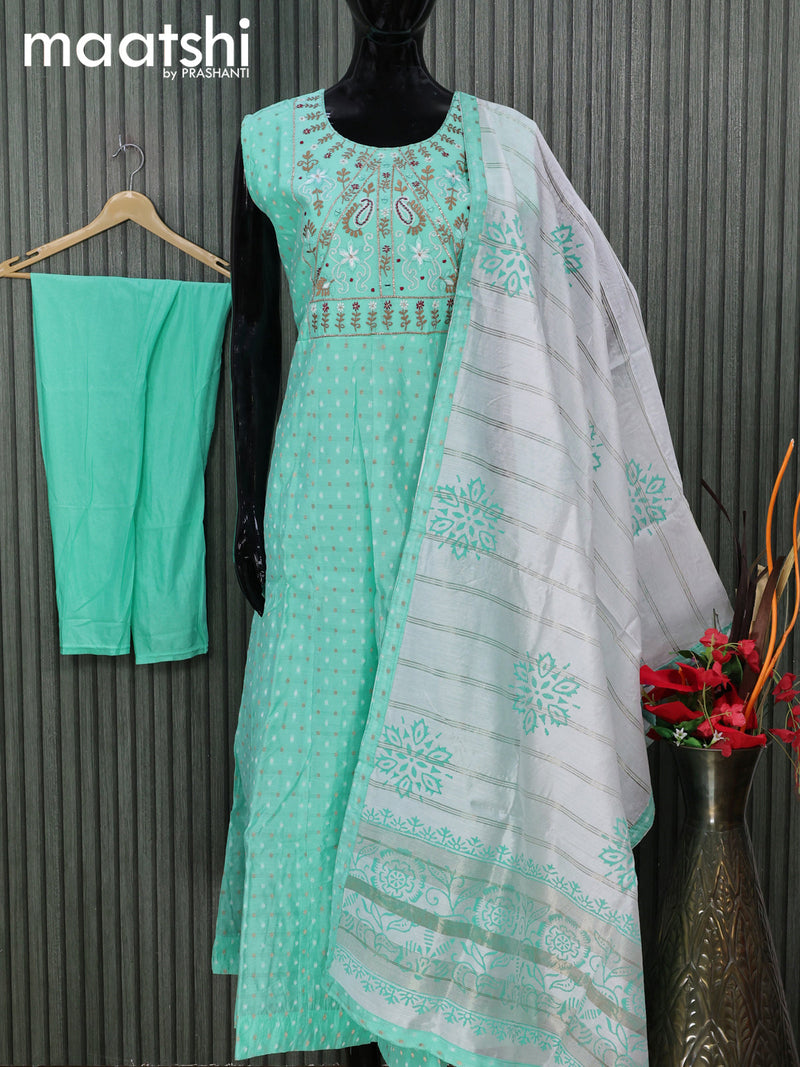 Chanderi readymade salwar suits teal blue with zari buttas & embroidery mirror work neck pattern and straight cut pant & printed dupatta