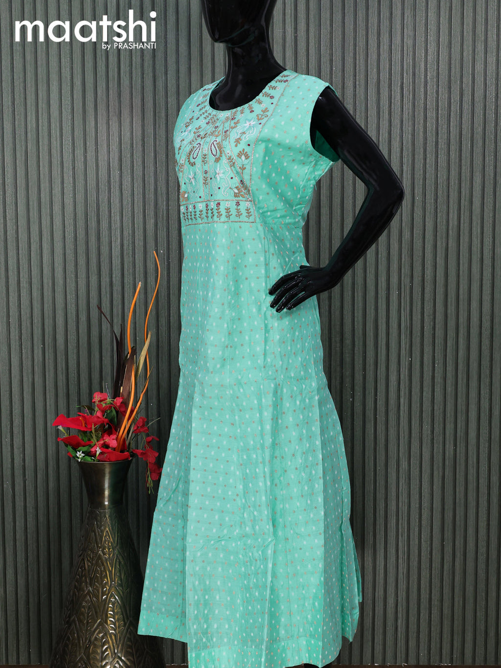 Chanderi readymade salwar suits teal blue with zari buttas & embroidery mirror work neck pattern and straight cut pant & printed dupatta
