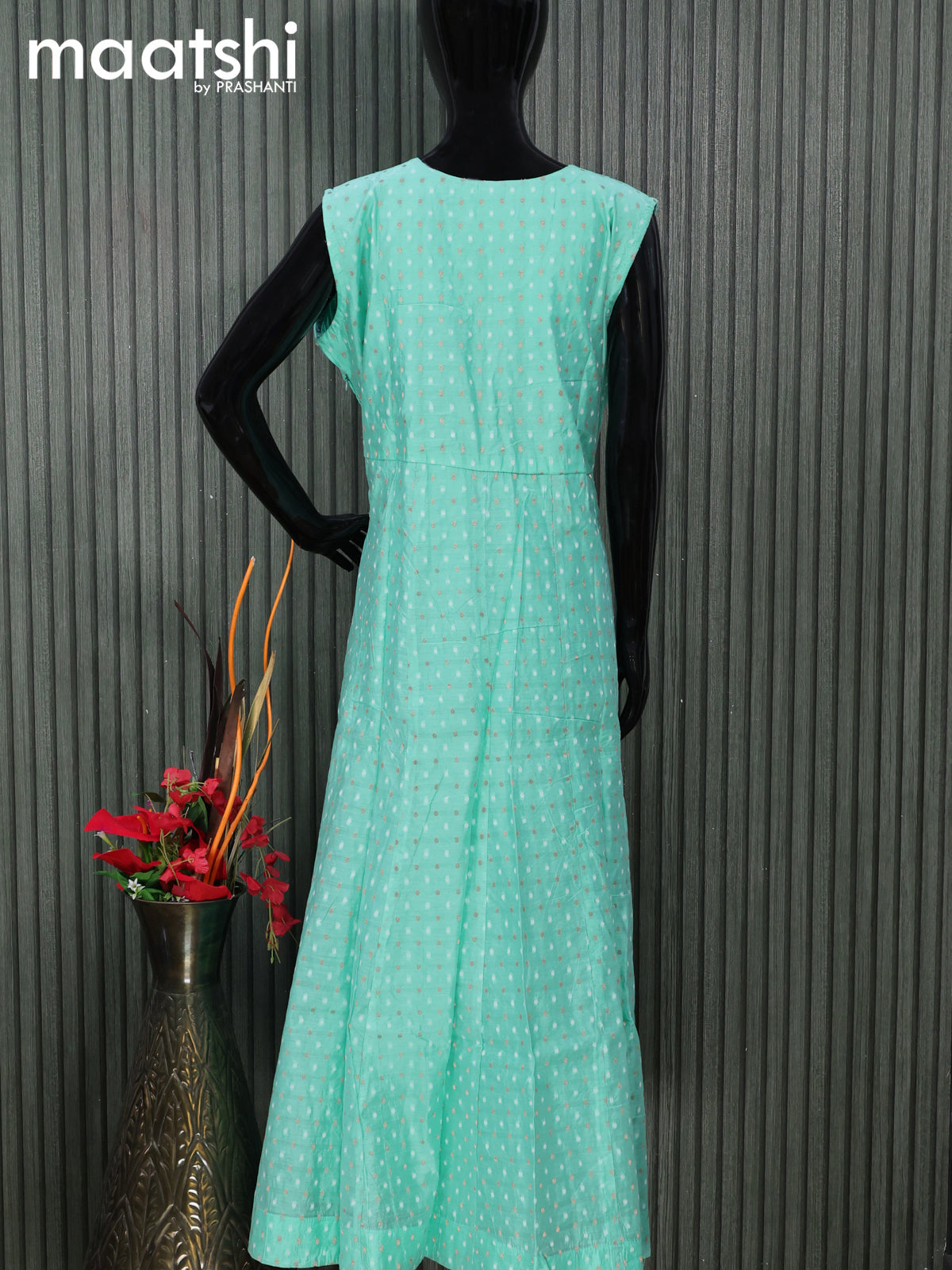 Chanderi readymade salwar suits teal blue with zari buttas & embroidery mirror work neck pattern and straight cut pant & printed dupatta