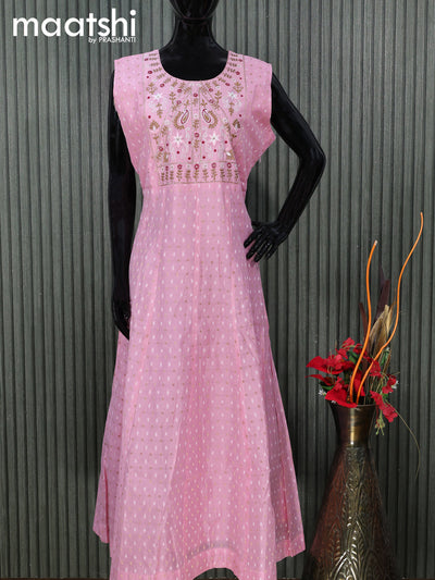 Chanderi readymade salwar suits light pink with zari buttas & embroidery mirror work neck pattern and straight cut pant & printed dupatta