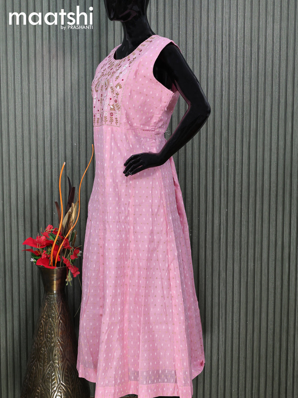 Chanderi readymade salwar suits light pink with zari buttas & embroidery mirror work neck pattern and straight cut pant & printed dupatta