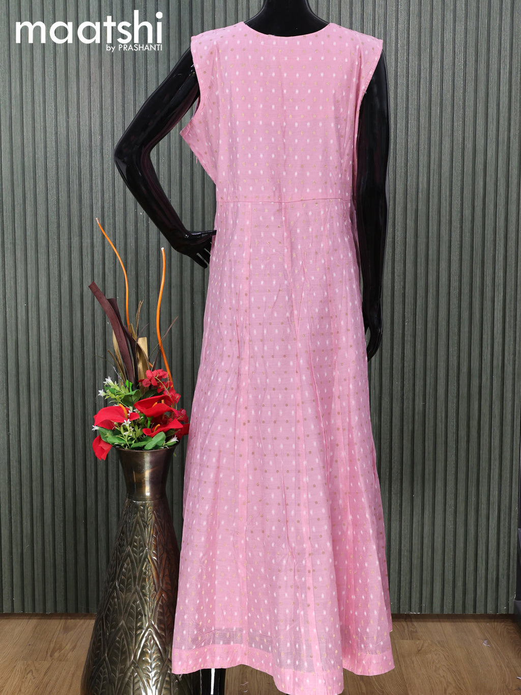 Chanderi readymade salwar suits light pink with zari buttas & embroidery mirror work neck pattern and straight cut pant & printed dupatta