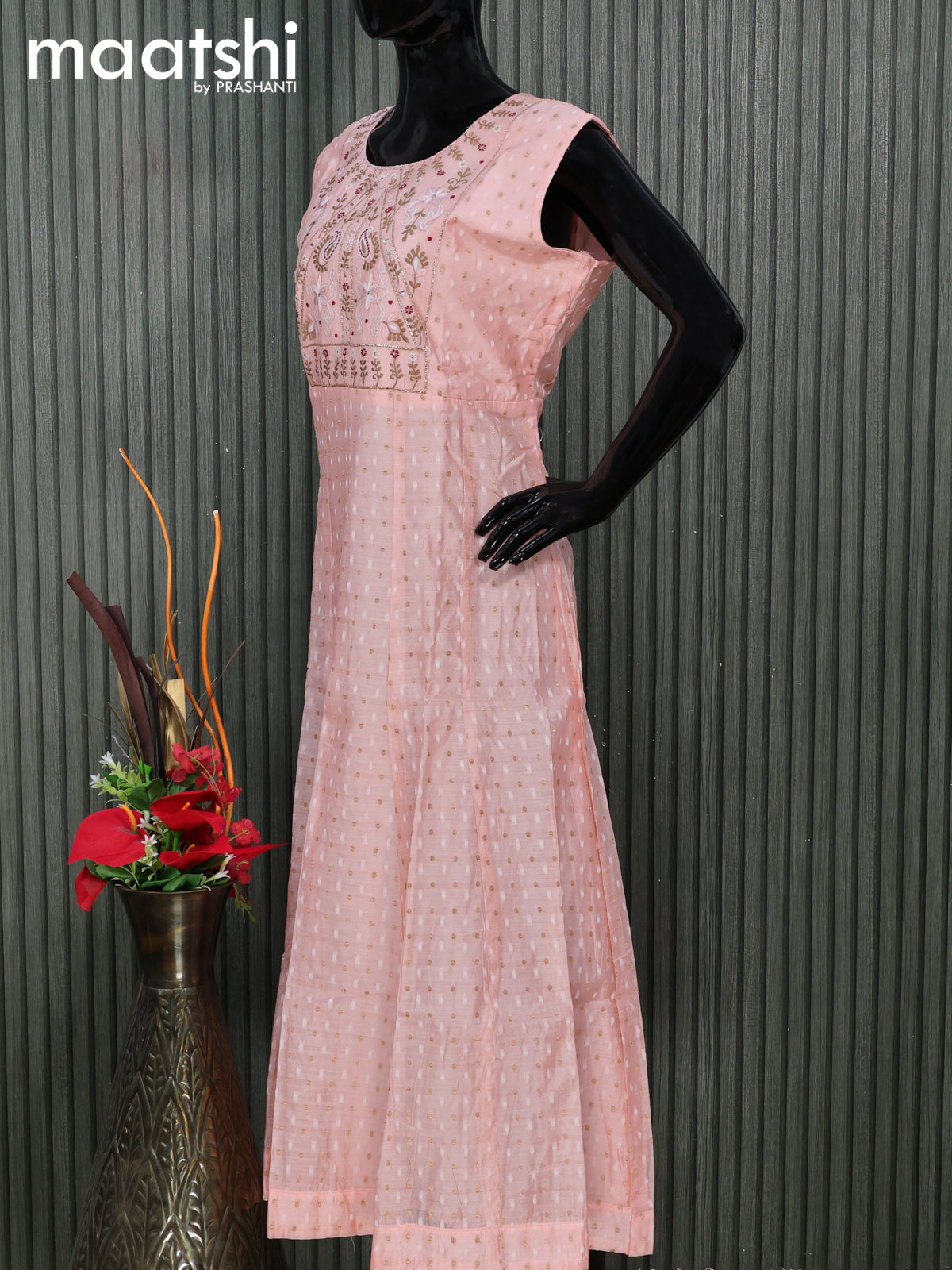 Chanderi readymade salwar suits peach pink with zari buttas & embroidery mirror work neck pattern and straight cut pant & printed dupatta
