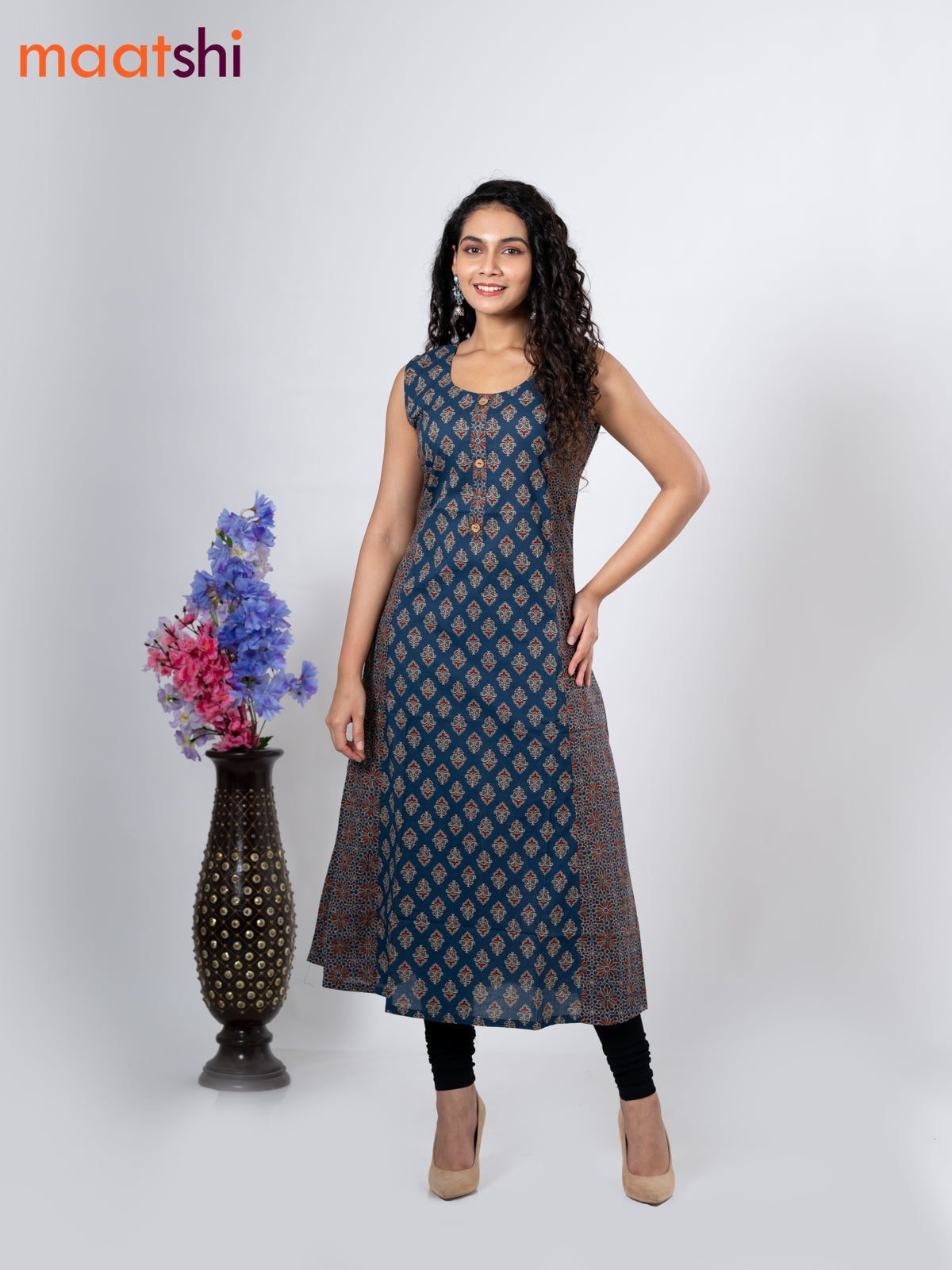 Cotton anarkali kurti dark blue with allover butta prints & simple neck pattern without pant - sleeve attached