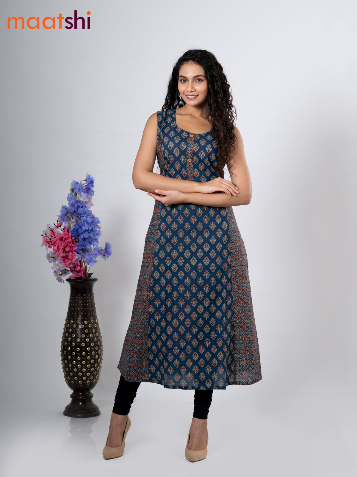 Cotton anarkali kurti dark blue with allover butta prints & simple neck pattern without pant - sleeve attached