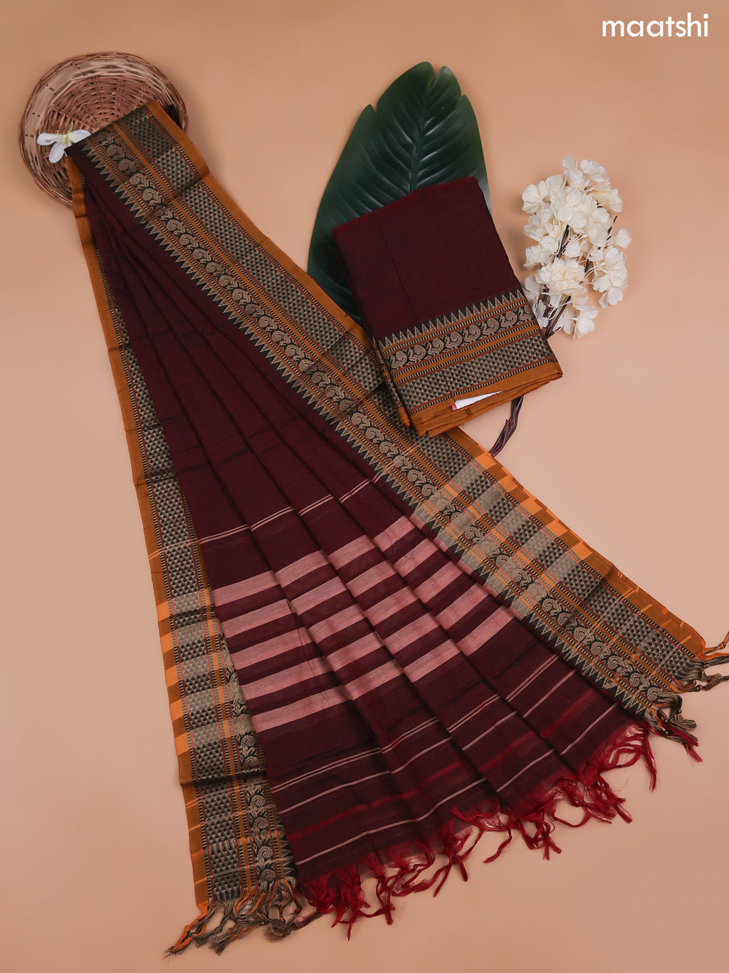 Maroon Narayanpet Cotton Dress Material With Plain Body and Running Bottom & Duppata