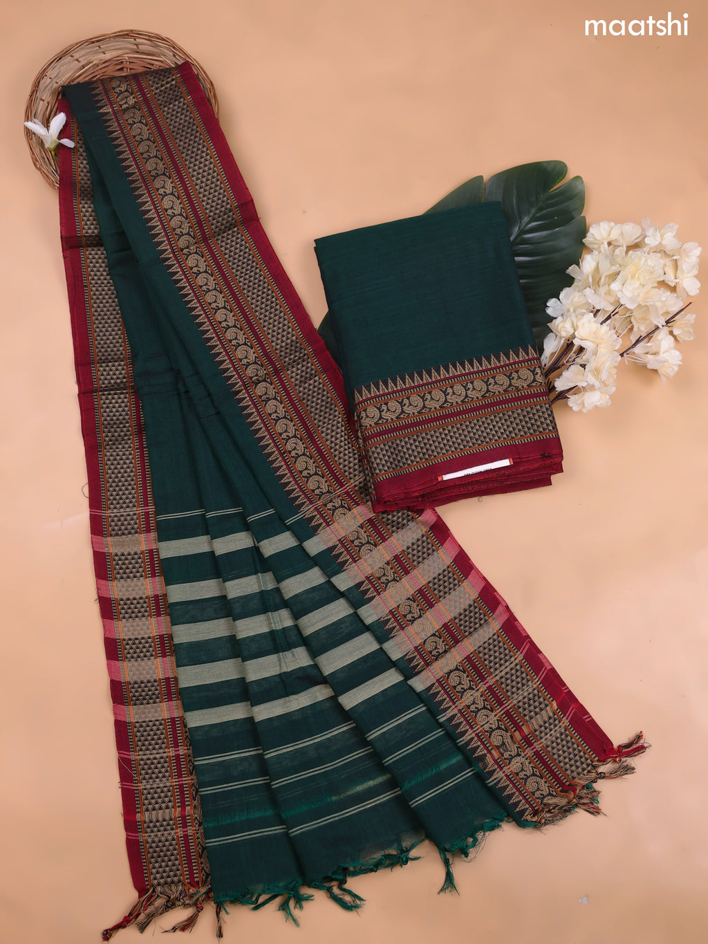 Green Narayanpet Cotton Dress Material With Plain Body and Running Bottom & Duppata