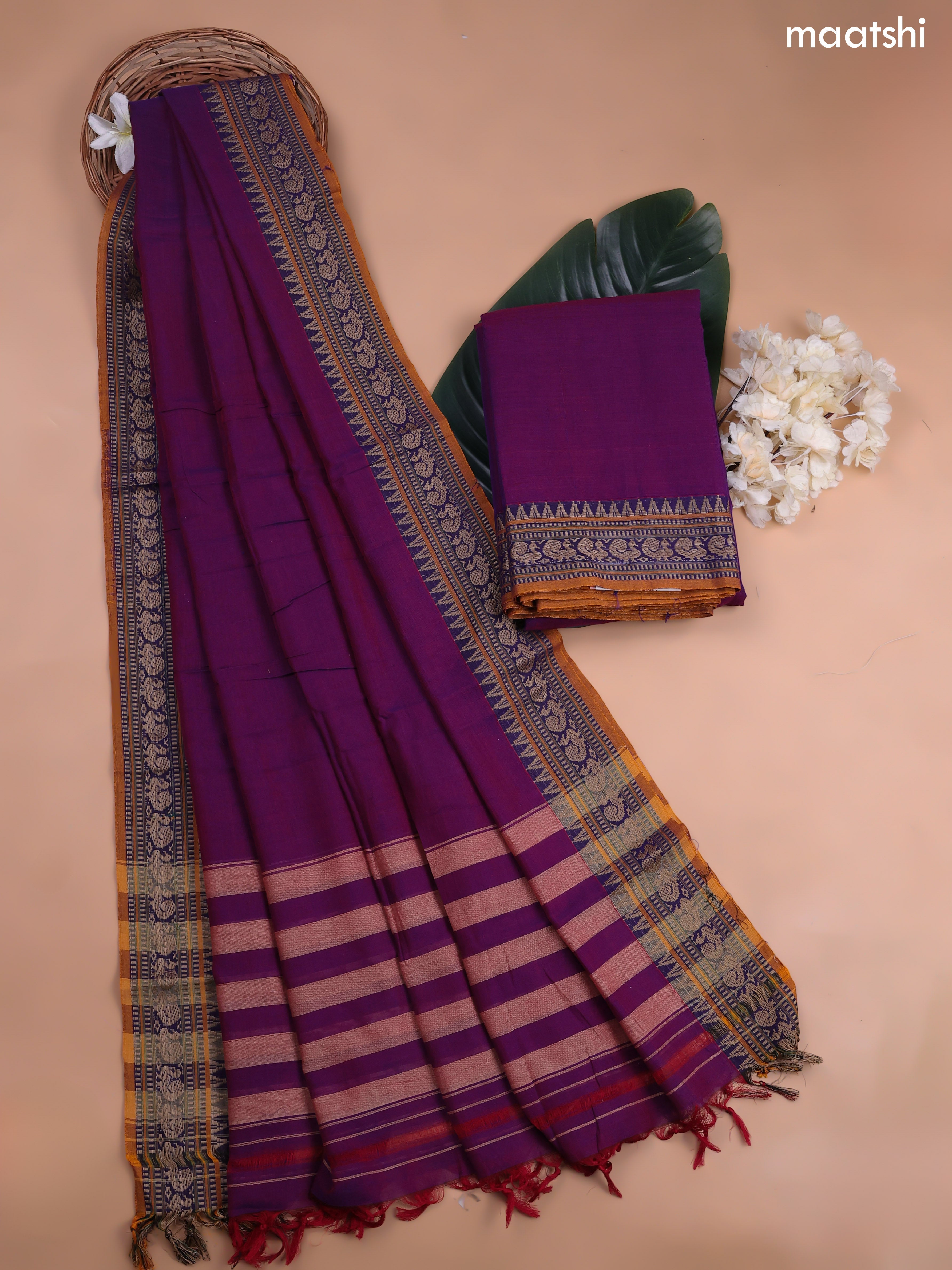 Purple Narayanpet Cotton Dress Material With Plain Body and Running Bottom & Duppata
