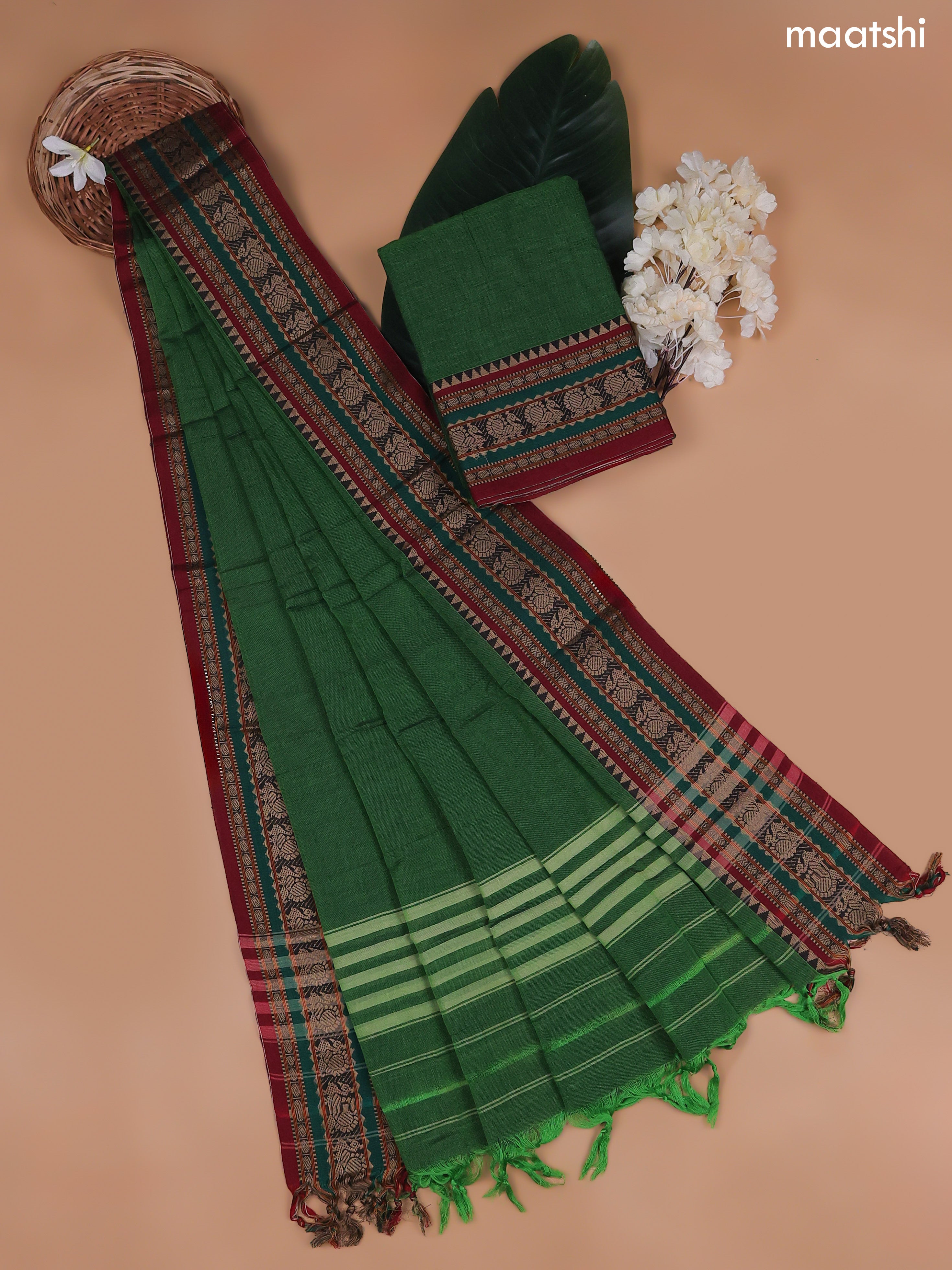 Green Narayanpet Cotton Dress Material With Plain Body and Running Bottom & Duppata